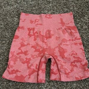 Exercise shorts, red camo print